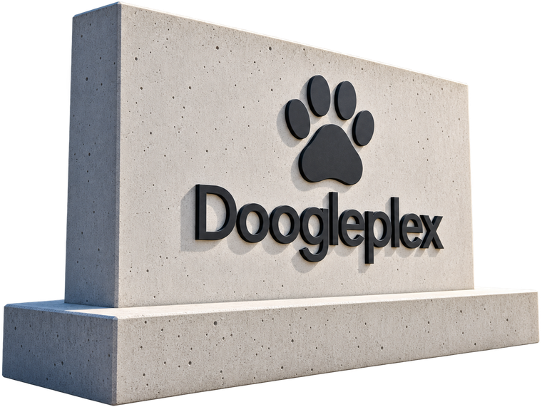 A campus monument sign reading Dooglerplex under a paw print.