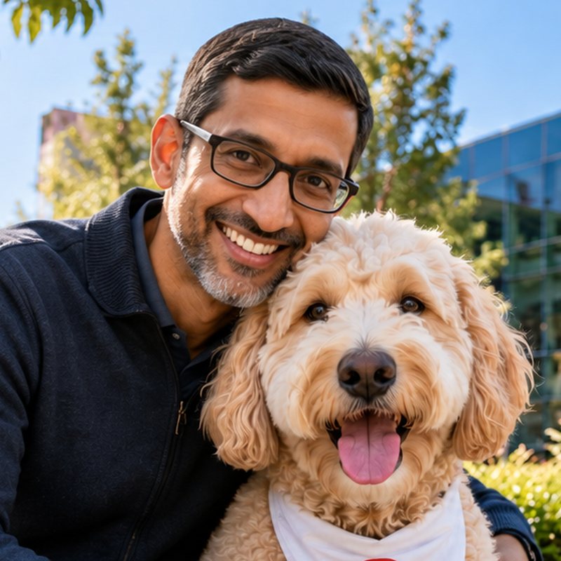 An AI-generated illustration of Sundar Pichai with a cream labradoodle.