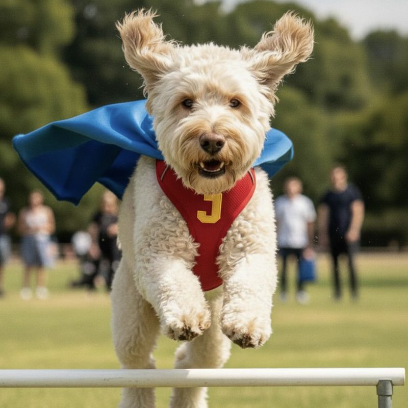 Jeffree in a blue cape, mid-jump over an agility bar.